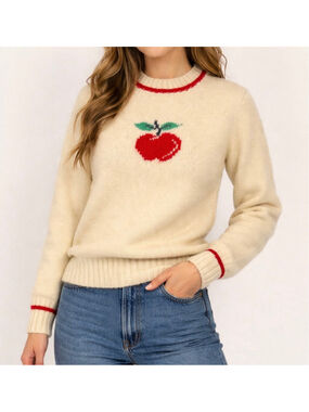 Jade Youth Girl Wool Shetland Apple Sweater Cream Cottagecore Retro VTG Novelty